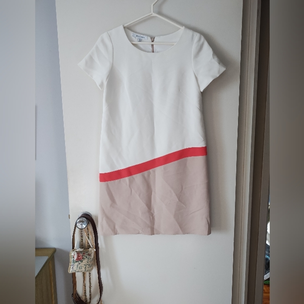 JUDITH & CHARLES White Taupe Crepe Mondrian Dress 6